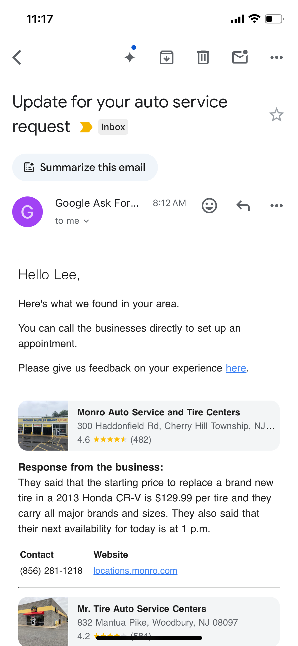 Screenshot of Google’s “Ask for me” feature on a phone